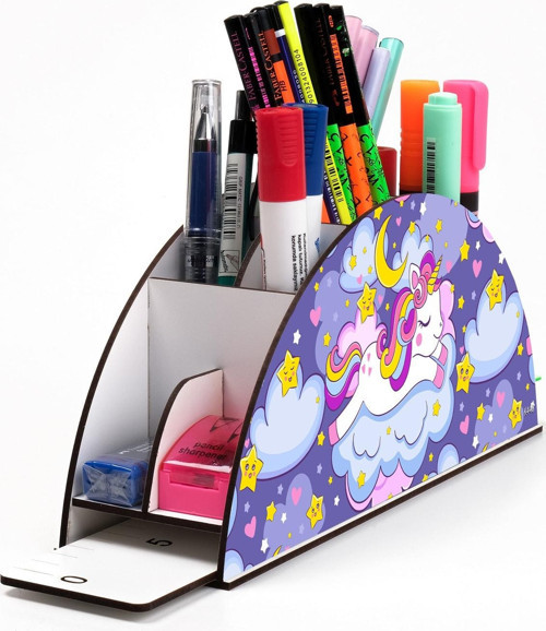 Ahşap Vip Unicornlar Model Gökkuşağı Cetvelli Masaüstü Kalemlik Organizer Montajlı Kutulu