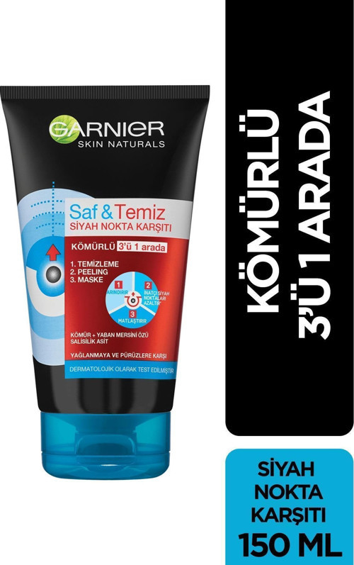 Garnıer Saf Temiz Siyah Nokta Karşıtı Kömürlü 3ü1 Arada Maske 150 Ml