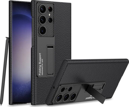 Galaxy S24 Ultra Kılıf Kılıf Karbonfiber Suni Deri Görünümlü Kıpta Standlı Kapak