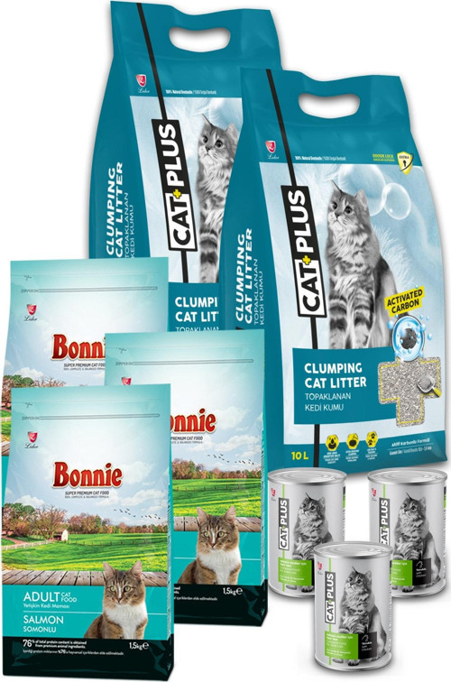 Somonlu Kedi Maması 1,5 Kg X 3 Adet + Catplus Aktif Karbon Kedi Kumu 10 Lt X 2 Adet + 3 Adet