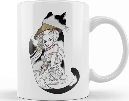 Kedi Geisha Cat Kupa Bardak Porselen