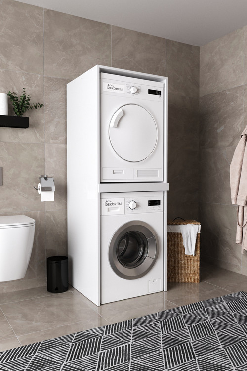 DF03109B Çamaşır Makinesi Dolabı Kurutma Makinesi Standı İkili Raflı Beyaz Banyo Dolabı Düzenleyici
