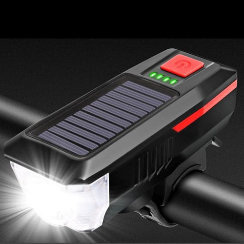 Solar Enerjili USB ile Şarj Edilebilir Ledli Bisiklet Feneri Kornalı ve Su Geçirmez Far (4604)