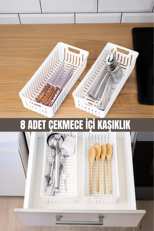 8’Li Beyaz Mutfak Çekmece Düzenleyici – Kaşık Çatal Bıçak Organizatörü Plastik Saklama Kutusu