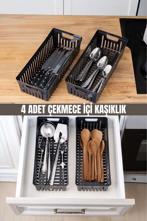 4’Lü Siyah Mutfak Çekmece Düzenleyici – Kaşık Çatal Bıçak Organizeri, Plastik Saklama Kutusu