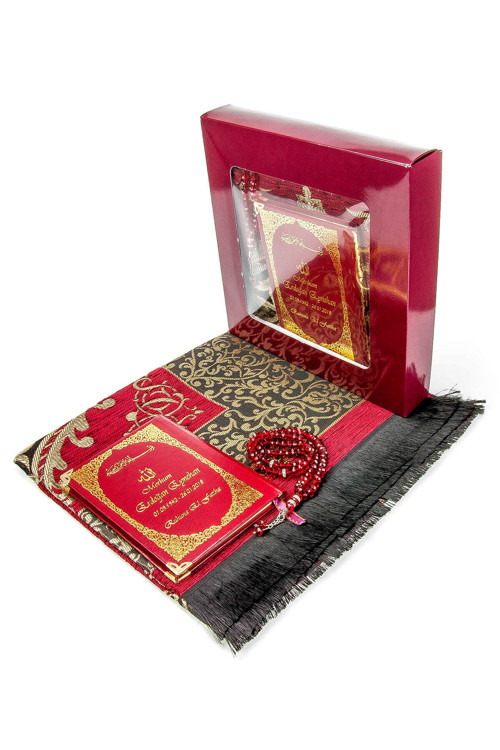 50 ADET - İsim Baskılı Ciltli Yasin Kitabı - Seccadeli - Tesbihli - Kutulu - Kırmızı - Mevlit Hediye