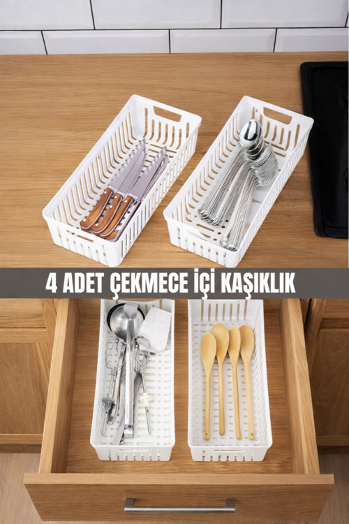 4’lü Beyaz Mutfak Çekmece Düzenleyici – Kaşık Çatal Bıçak Organizatörü Plastik Saklama Kutusu