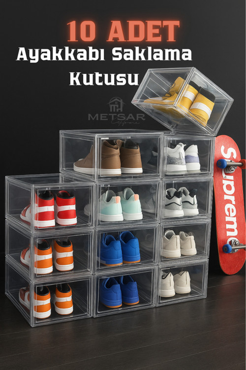 10’Lu Lüx Ayakkabı Kutusu – Kapaklı, İstiflenebilir & Dolap Ayakkabı Organizer Saklama Kutusu