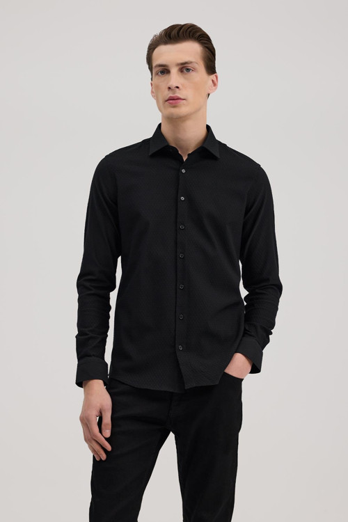 Siyah Comfort Fit Klasik Yaka Kendinden Desenli Gömlek