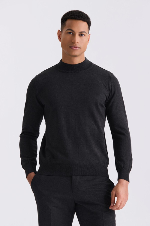 Antrasit Slim Fit Yarım Balıkçı Triko Kazak