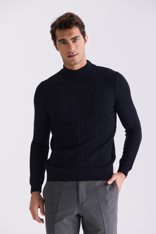 Lacivert Slim Fit Yarım Balıkçı Desenli Triko Kazak