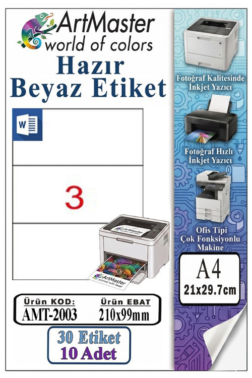 A4 Hazır Beyaz Etiket 210x99 mm 10 Sayfa 1 Paket 3 lü Kendinden Yapışkanlı Fotokopi Lazer İnkjet Kağıdı Yazıcılar İçin