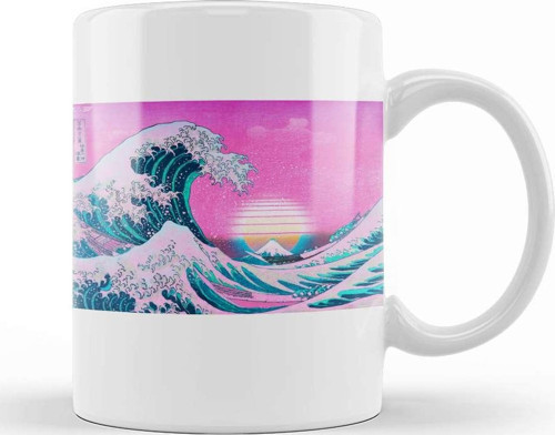Vaporwave Great Wave Off Kanagawa Aesthetic Sunset Kupa Bardak Porselen