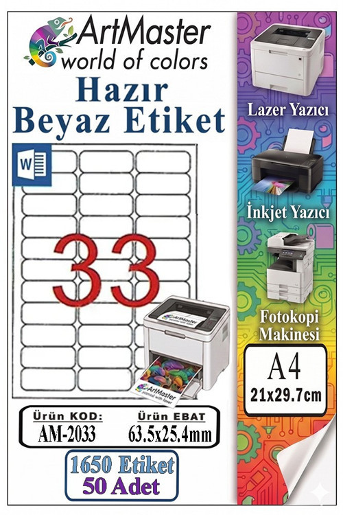 A4 Hazır Beyaz Etiket 63.5x25.4mm 50 Sayfa 1 Paket 33 lü Kendinden Yapışkanlı Fotokopi Lazer İnkjet Kağıdı Yazıcılarla