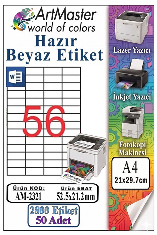 A4 Hazır Beyaz Etiket 52.5x21.2mm 50 Sayfa 1 Paket 56 lı Kendinden Yapışkanlı Fotokopi Lazer İnkjet Kağıdı Yazıcılar
