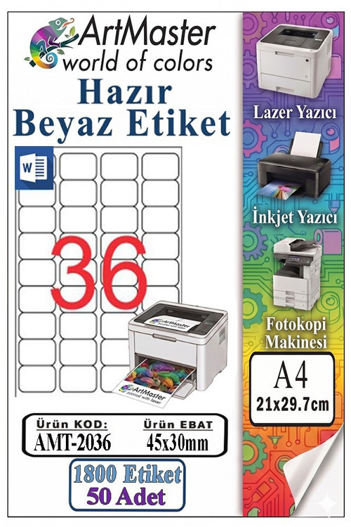 A4 Hazır Beyaz Etiket 45x30mm 50 Sayfa 1 Paket 36 lı Kendinden Yapışkanlı Fotokopi Lazer İnkjet Kağıdı Yazıcılarla Uyuml