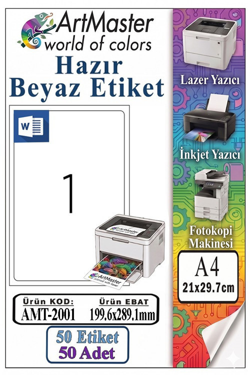 A4 Hazır Beyaz Etiket 199.6x289.1mm 50 Sayfa 1 Paket Kendinden Yapışkanlı Fotokopi Lazer İnkjet Kağıdı Yazıcılara Uyumlu