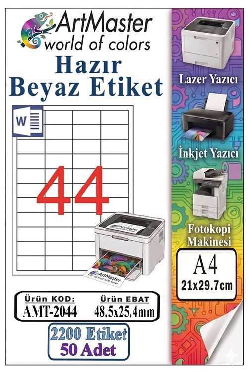 A4 Hazır Beyaz Etiket 48.5x25.4mm 50 Sayfa 1 Paket 44 lü Yapışkanlı Fotokopi Lazer İnkjet Kağıdı Yazıcılar İçin Uyumlu