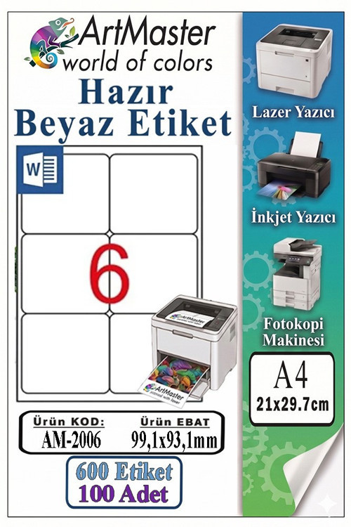 A4 Hazır Beyaz Etiket 99.1x93.1mm 100 Sayfa 1 Paket 6 lı Kendinden Yapışkanlı Fotokopi Lazer İnkjet Kağıdı Yazıcılarla