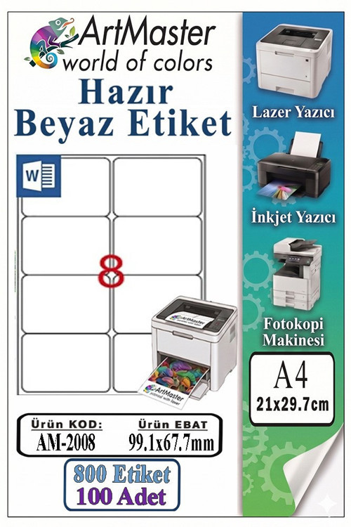 A4 Hazır Beyaz Etiket 99.1x67.7mm 100 Sayfa 1 Paket 8 li Kendinden Yapışkanlı Fotokopi Lazer İnkjet Kağıdı Yazıcılarla