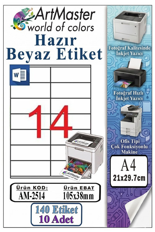 A4 Hazır Beyaz Etiket 105x38 mm 10 Sayfa 1 Paket 14 lü Kendinden Yapışkanlı Fotokopi Lazer İnkjet Kağıdı Yazıcılar İçin