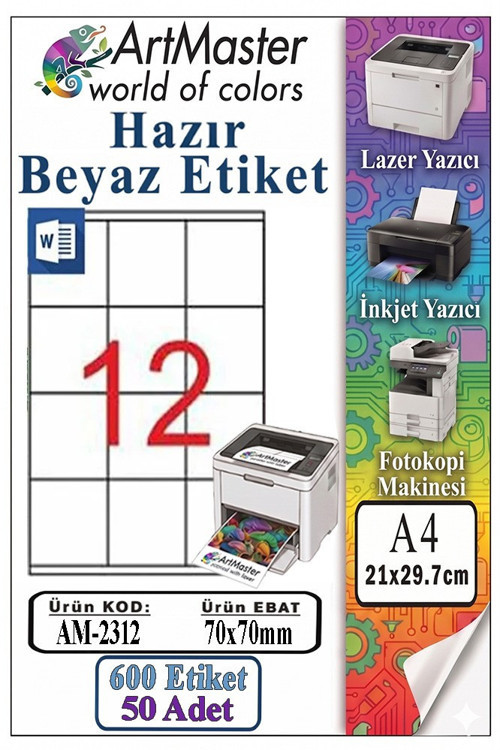 A4 Hazır Beyaz Etiket 70x70 mm 50 Sayfa 1 Paket 12 li Kendinden Yapışkanlı Fotokopi Lazer İnkjet Kağıdı Yazıcılar İçin