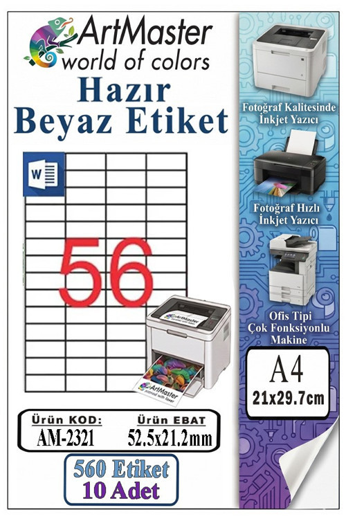 A4 Hazır Beyaz Etiket 52.5x21.2mm 10 Sayfa 1 Paket 56 lı Kendinden Yapışkanlı Fotokopi Lazer İnkjet Kağıdı Yazıcılar