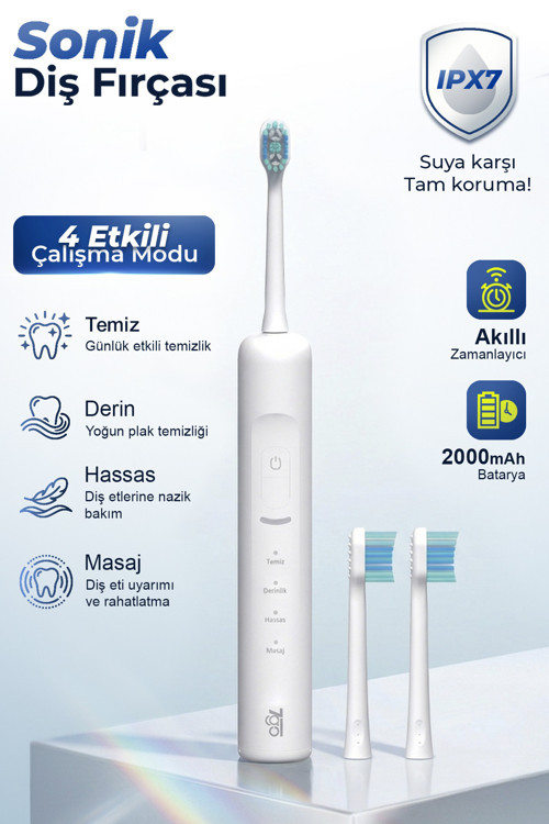 7GMF2 Sonic Elektrikli Diş Fırçası Beyaz – 2000mAh, Type-C Şarjlı, IPX7 Su Geçirmez, 3 Modlu Şar