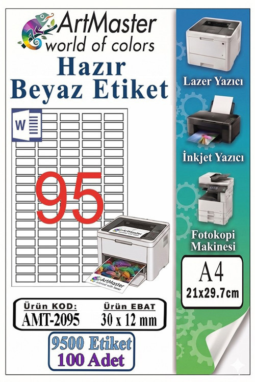A4 Hazır Beyaz Etiket 30x12mm 100 Sayfa 1 Paket 95 li Yapışkanlı Fotokopi Lazer İnkjet Kağıdı Yazıcılar İçin Uyumlu