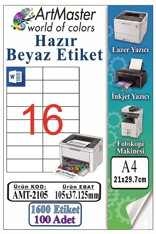 A4 Hazır Beyaz Etiket 105x37.1mm 100 Sayfa 1 Paket 16 lı Kendinden Yapışkanlı Fotokopi Lazer İnkjet Kağıdı Yazıcılar