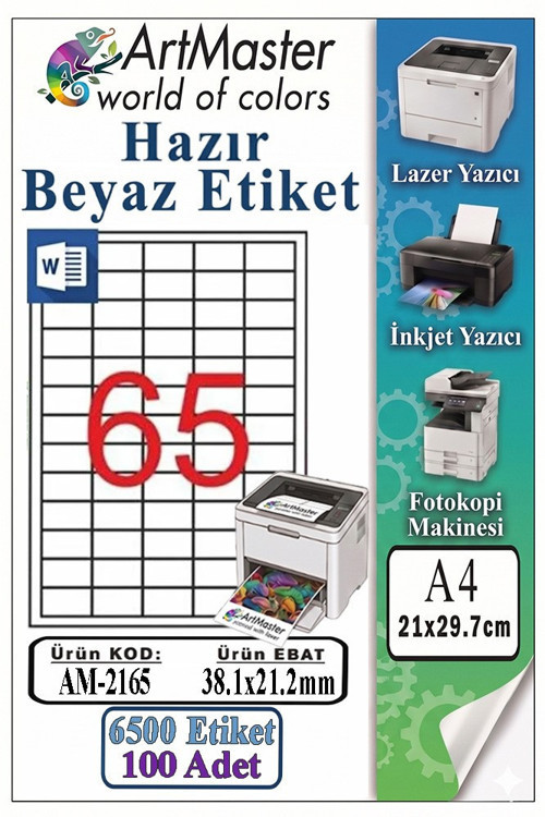 A4 Hazır Beyaz Etiket 38.1x21.2mm 100 Sayfa 1 Paket 65 li Kendinden Yapışkanlı Fotokopi Lazer İnkjet Kağıdı Yazıcılar