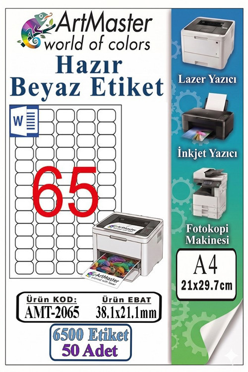 A4 Hazır Beyaz Etiket 38.1x21.2mm 100 Sayfa 1 Paket 65 li Yapışkanlı Fotokopi Lazer İnkjet Kağıdı Yazıcılar İçin Uyumlu