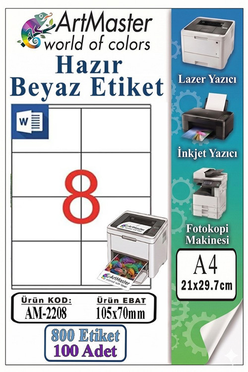 A4 Hazır Beyaz Etiket 105x70 mm 100 Sayfa 1 Paket 8 li Kendinden Yapışkanlı Fotokopi Lazer İnkjet Kağıdı Yazıcılar İçin