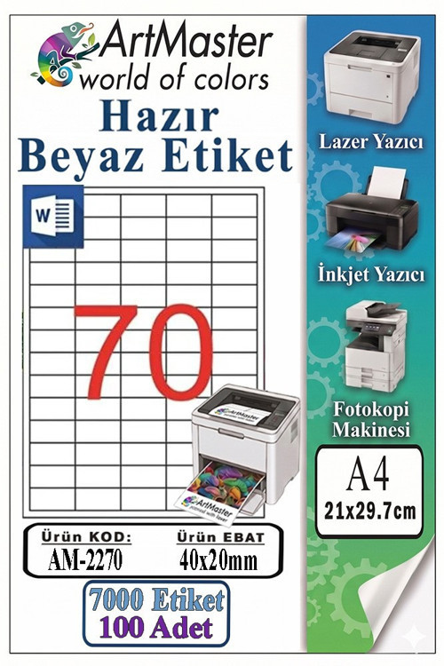 A4 Hazır Beyaz Etiket 40x20 mm 100 Sayfa 1 Paket 70 li Kendinden Yapışkanlı Fotokopi Lazer İnkjet Kağıdı Yazıcılar İçin