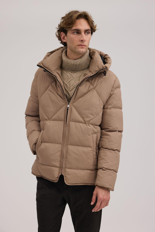 Bej Comfort Fit Kapuşonlu Şişme Mont
