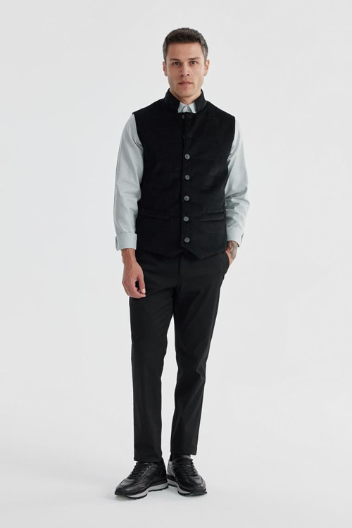 Siyah Hakim Yaka Çift Taraflı Slim Fit Yelek