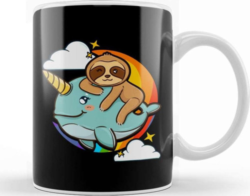 Cute & Funny Sloth Riding Narwhal Animal Friends Kupa Bardak Porselen
