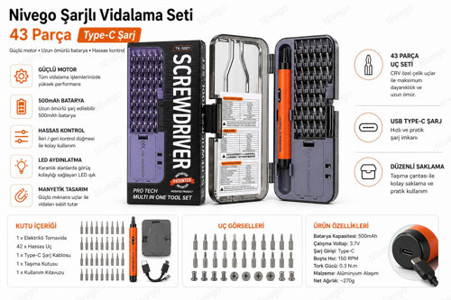Nivego Şarjlı Vidalama Seti 43 Parça – Elektrikli Tornavida Seti 500mAh Type-C Hızlı Şarj, Hassas Uçlu, Telefon Laptop Tamir Kiti