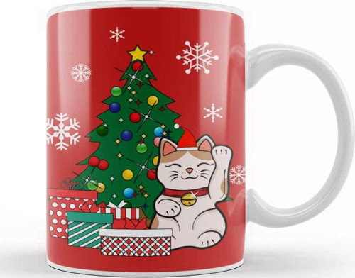 Lucky Cat Around The Christmas Tree Kupa Bardak Porselen