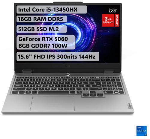 LOQ Intel Core i5 13450HX 12GB 512GB SSD RTX5060 Freedos 15.6" FHD 144Hz Oyuncu Taşınabilir Bilgisayar 83JE00EQTR