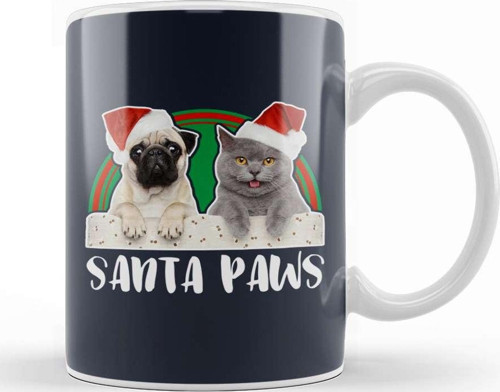 Santa Paws Christmas Pug And Cat Kupa Bardak Porselen