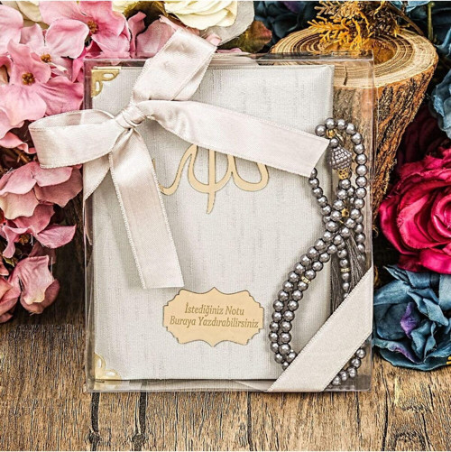 Hediyelik Şantuk Yasin Kitabı, Inci Tesbih, Süslemeli Asetat Kutulu (17×15) Dini Set-Gri