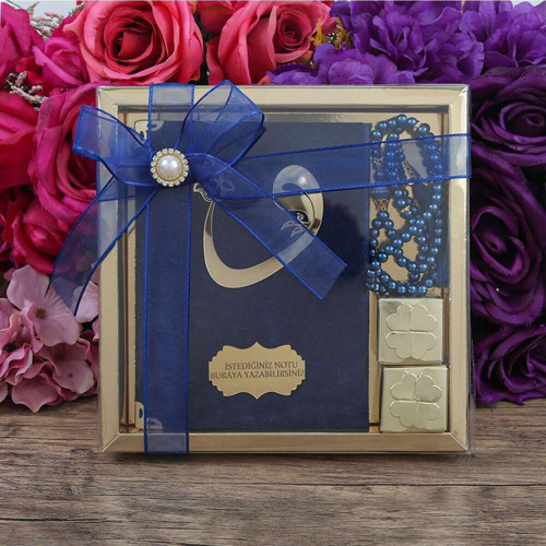 Hediyelik Kadife Kaplı Yasin (Çanta Boy), Inci Tesbih, Kuş Lokumu, Gold Asetat Kutulu (20×20) Mevlid