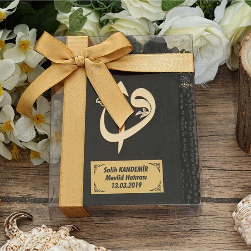 Hediyelik Kadife Kur'An-ı Kerim (Çanta Boy 11×8) Pleksili, Inci Tesbih, Asetat Kutulu (17×15) Set - Si