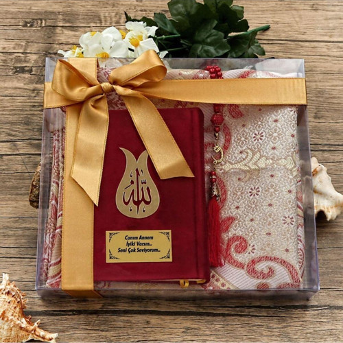 Hediyelik Kadife Kur'An-I Kerim, Seccade, Inci Tesbih, Asetat Kutulu (26×23) Dini Set