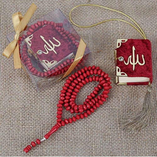 Mini Kuran, Kokulu Tesbihli Kare Kutuda Hediyelik-Kırmızı