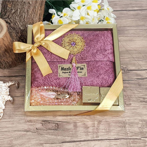Hediyelik Kadife Yasin Kitabı Çantalı (İsme Özel), Kristal Tesbih, Lokumlu Dini Set - Pembe