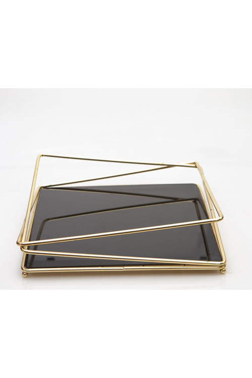 30X30 Organizer Sunumluk Gold-Siyah Paslanmaz Kaplama Dolu Demir Tepsi Sofra Mutfak Sunum Ev Dekor