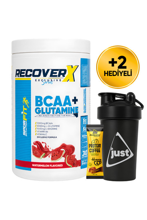 RecoverX BCAA Amino Asit Tozu + L-Glutamine 540 Gr Glutamin 30 Servis Karpuz + Shaker +Protein Kahve