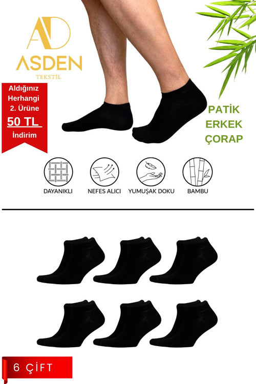Bambu Erkek Patik Çorap Siyah 6’lı, Dikişsiz, Soft Yıkamalı